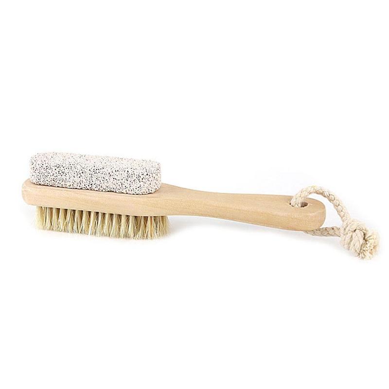 High-quality pig bristle brush + pumice stone foot scrubber, wooden double-sided pumice stone brush, exfoliating pig bristle brush, dead skin exfoliating foot scrubber.